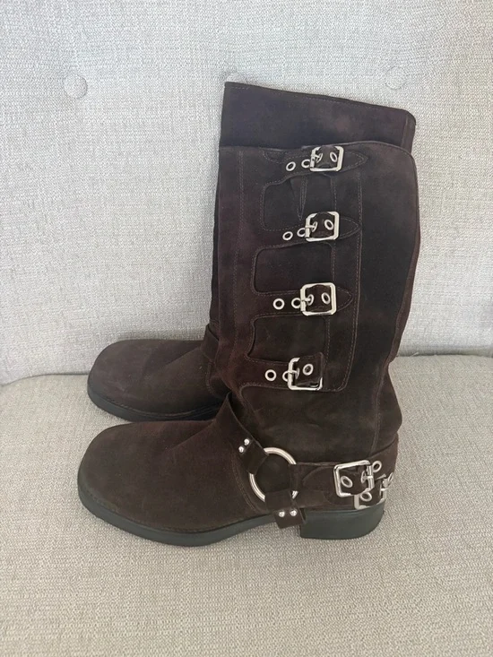 Steve Madden Brocks Chocolate Brown Suede Buckle Slouch Mid-Calf Moto Boots - Picture 2 of 12